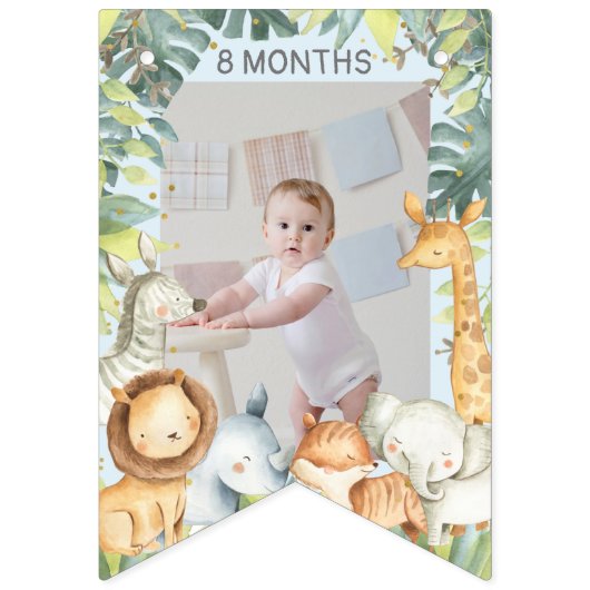 Oerwoud safari jongen 1 verjaardag blauwe foto vlaggetjes (Derde vlag)