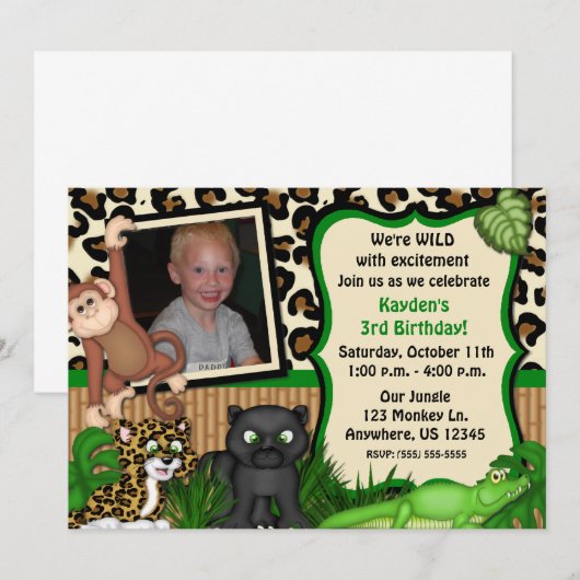 Oerwoud Safari Kids Birthday Uitnodiging (Voorkant / Achterkant)