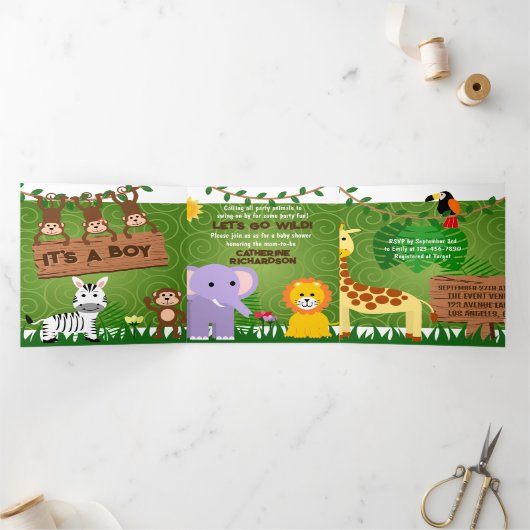 Oerwoud Safari Leuke Dieren Wild Een Baby shower Drieluik Uitnodiging (Binnen)