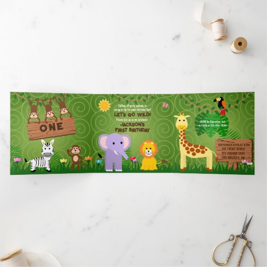 Oerwoud Safari Leuke Dieren Wild One Kids Verjaard Drieluik Kaart (Binnen)