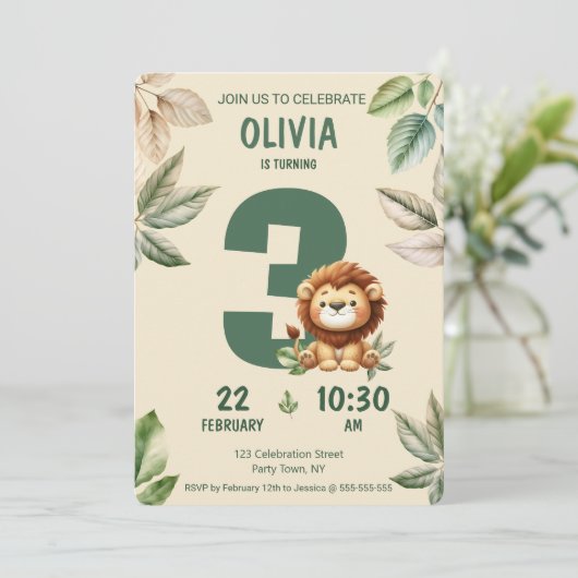 Oerwoud Safari Lion en laat verjaardagsuitnodiging Kaart (Staand voorkant)