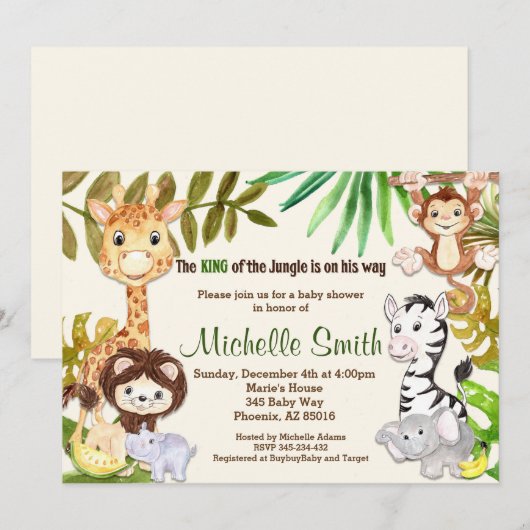 Oerwoud Safari Monkey Elephant Giraffe Baby shower Kaart (Voorkant / Achterkant)