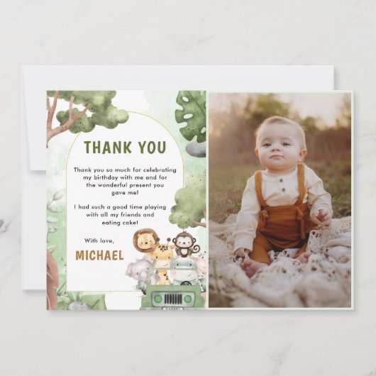 Oerwoud Safari Party Animals Verjaardagsfoto Bedankkaart (Voorkant)