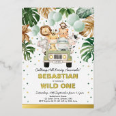 Oerwoud Safari Party Animals Wilde Op een dag Folie Uitnodiging (Voorkant)