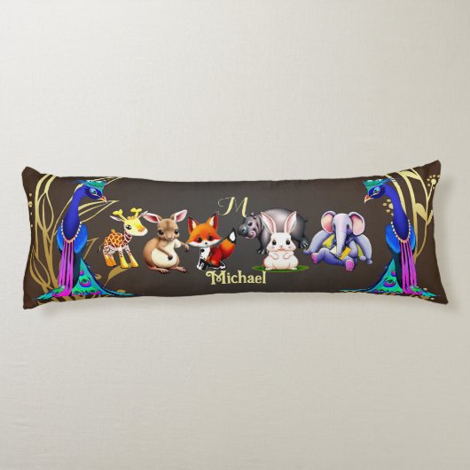 Oerwoud Safari Peacock Olifant Haas Rhino Monogram Lichaamskussen (Achterkant)