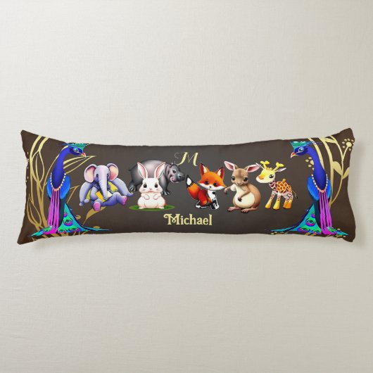 Oerwoud Safari Peacock Olifant Haas Rhino Monogram Lichaamskussen (Voorkant)