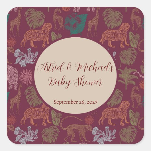 Oerwoud Safari Roze Baby shower Vierkante Sticker (Voorkant)