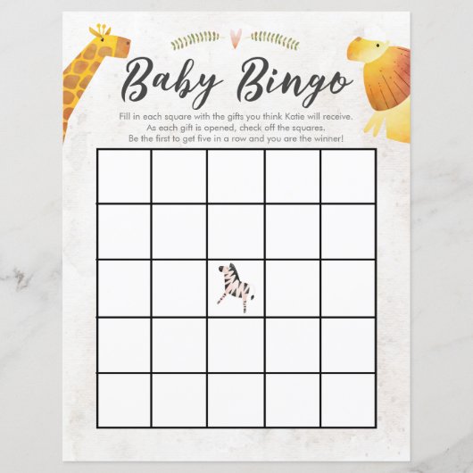 Oerwoud & Safari Theme Baby Bingo Baby shower Game (Voorkant)