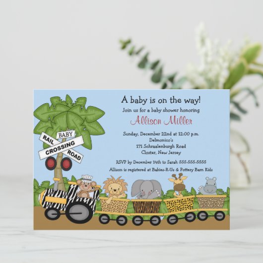 Oerwoud Safari Train Neutraal Baby shower Uitnodig Kaart (Staand voorkant)