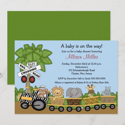 Oerwoud Safari Train Neutraal Baby shower Uitnodig Kaart (Voorkant / Achterkant)