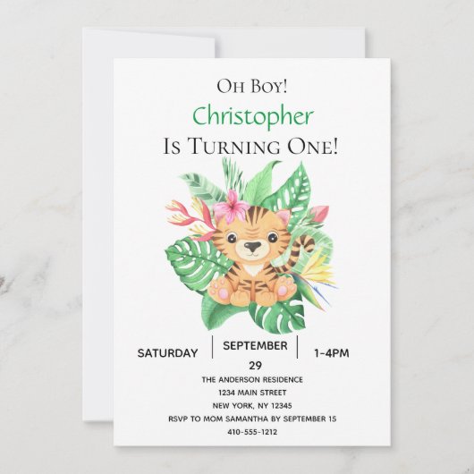 Oerwoud Safari Tropical Tiger 1st verjaardag Kaart (Voorkant)