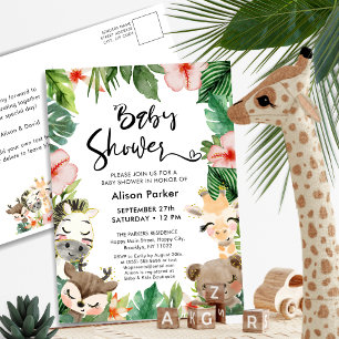 Oerwoud Safari Tropisch Bloemen Groen Baby shower Uitnodiging Briefkaart