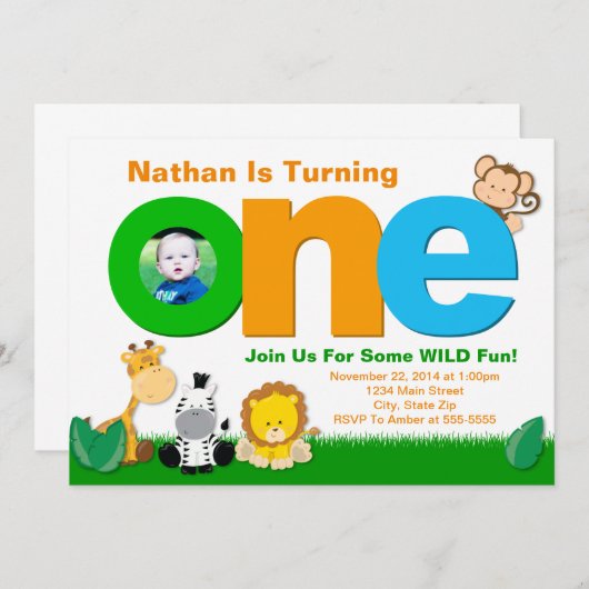 Oerwoud Safari Verjaardagsuitnodiging, 1e Verjaard Kaart (Voorkant / Achterkant)