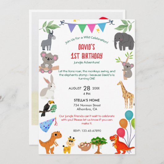 Oerwoud Safari Verjaardagsuitnodiging – Wild One T Kaart (Voorkant / Achterkant)