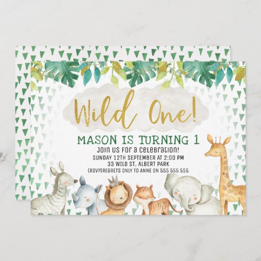 Oerwoud Safari Wild 1 1e verjaardag uitnodiging (Voorkant / Achterkant)