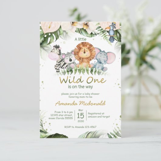 Oerwoud safari wild één baby shower Uitnodiging (Staand voorkant)