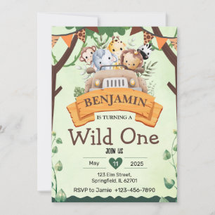 Oerwoud Safari Wild One Birthday Invitation Kaart