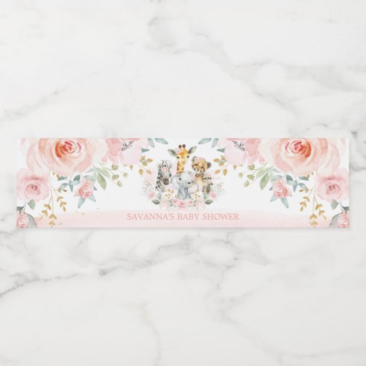 Oerwoud Safari Wilde Baby Dieren Blush Bloemen Fav Waterfles Etiket (Enkel label)