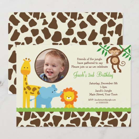Oerwoud Safari Zoo Foto van Birthday-uitnodigingen Kaart (Voorkant / Achterkant)