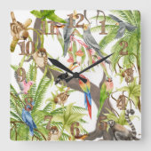 Oerwoud Scène Tropische Vogels, Critters, Bladerwe Vierkante Klok (Voorkant)