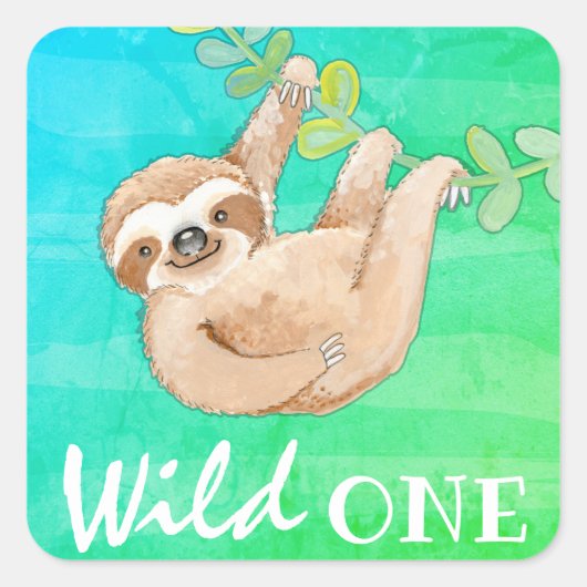 Oerwoud Sloth Wild One Party Vierkante Sticker (Voorkant)