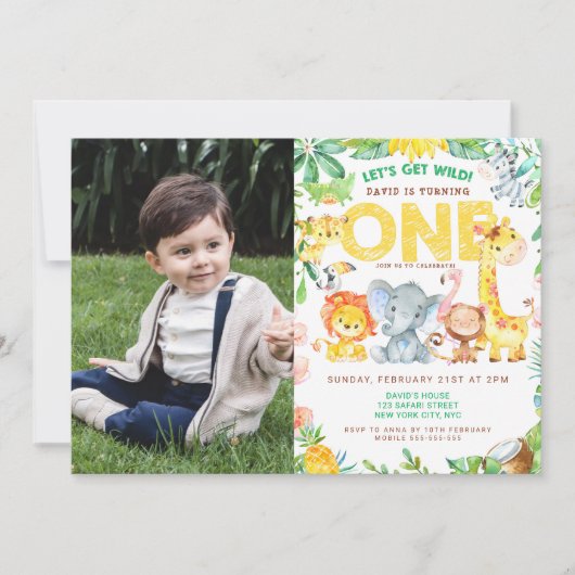 Oerwoud thema Safari 1st Birthday Boy Afbeelding Kaart (Voorkant)