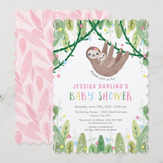Oerwoud thema Sloth Baby Girl Shower Kaart (Voorkant / Achterkant)