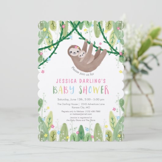Oerwoud thema Sloth Baby Girl Shower Kaart (Staand voorkant)