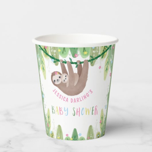 Oerwoud thema Sloth Baby Girl Shower Papieren Bekers (Voorkant)