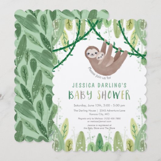 Oerwoud thema Sloth Baby Shower Kaart (Voorkant / Achterkant)