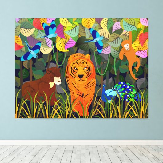 Oerwoud Tiger Sun Beer Peacock Monkey Indian Rolle Canvas Afdruk (Insitu (Houten vloer))