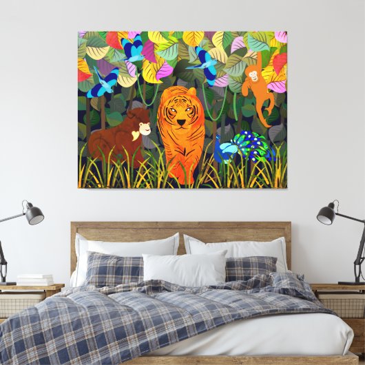 Oerwoud Tiger Sun Beer Peacock Monkey Indian Rolle Canvas Afdruk (Insitu (Slaapkamer))