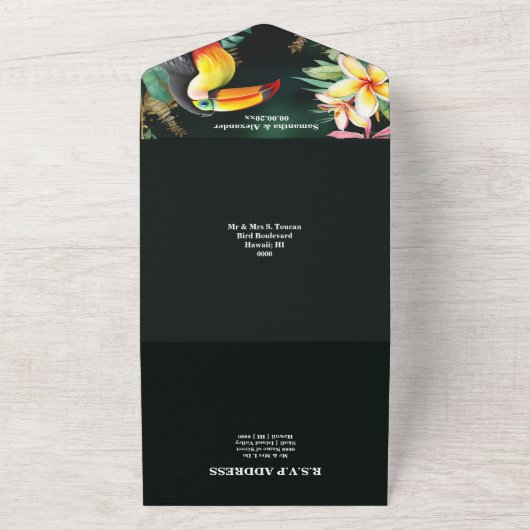 Oerwoud Toucan Bird waterverf Frangipani Monstera All In One Uitnodiging (Buitenkant)
