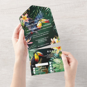 Oerwoud Toucan Bird waterverf Frangipani Monstera All In One Uitnodiging