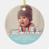 Oerwoud Train Baby's 1e foto kerstversiering Keramisch Ornament (Voorkant)