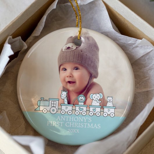 Oerwoud Train Baby's 1e foto kerstversiering Keramisch Ornament