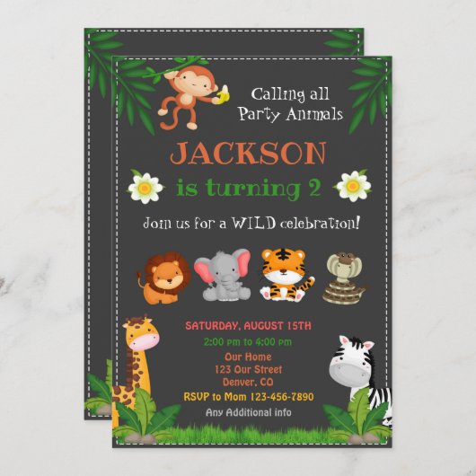 Oerwoud verjaardagsuitnodiging Dieren nodigen uit Kaart (Voorkant / Achterkant)