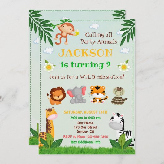 Oerwoud verjaardagsuitnodiging Dieren nodigen uit Kaart (Voorkant / Achterkant)