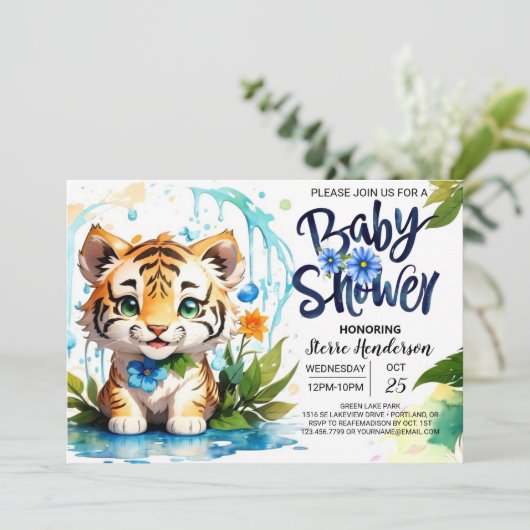 Oerwoud Vibes Blue Tiger Theme Baby shower Kaart (Staand voorkant)