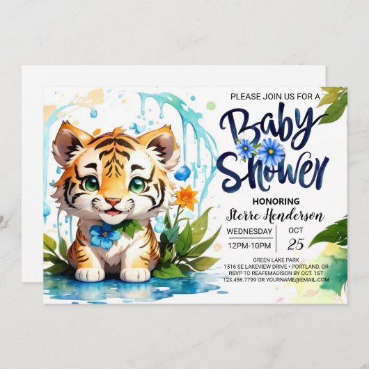 Oerwoud Vibes Blue Tiger Theme Baby shower Kaart (Voorkant / Achterkant)