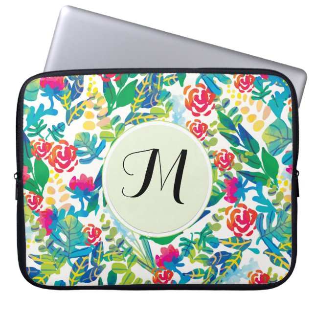 Oerwoud Waterverf Flowers Floral Fine Monogram Laptop Sleeve (Voorkant)