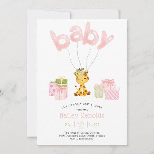 Oerwoud Waterverf Giraffe Baby shower roze Safari Kaart (Voorkant)