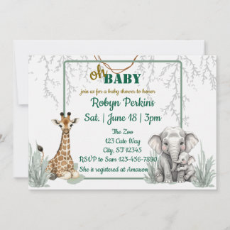 Oerwoud Waterverf Giraffe Olifant baby shower Kaart