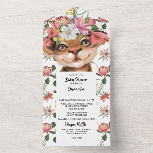 Oerwoud waterverf tijgerkuiken kat baby shower all in one uitnodiging (Binnen)