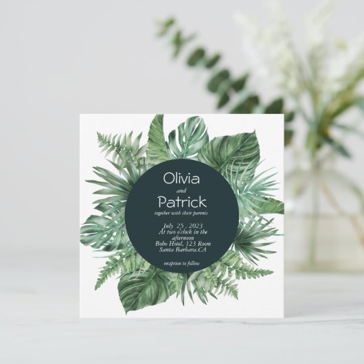 Oerwoud waterverf tropische groene bladeren uitnod (Staand voorkant)