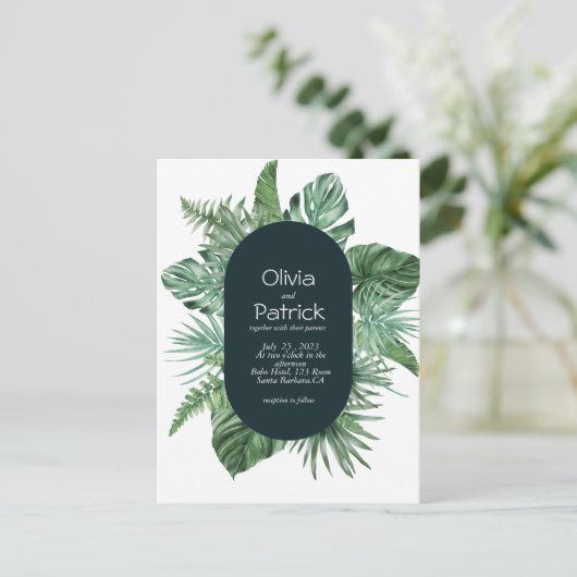 Oerwoud waterverf tropische groene bladeren uitnod briefkaart (Staand voorkant)