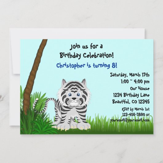 Oerwoud White Tiger Birthday Party Invitation Kaart (Achterkant)
