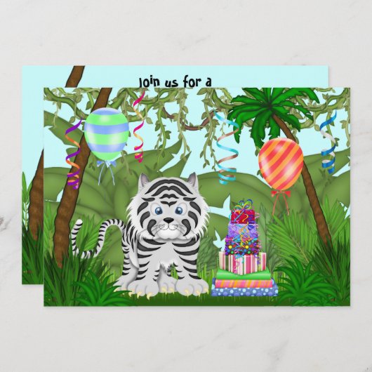 Oerwoud White Tiger Birthday Party Invitation Kaart (Voorkant / Achterkant)