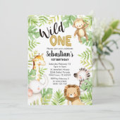 Oerwoud Wild Eén 1e verjaardag Uitnodiging Safari (Staand voorkant)