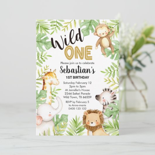 Oerwoud Wild Eén 1e verjaardag Uitnodiging Safari (Staand voorkant)
